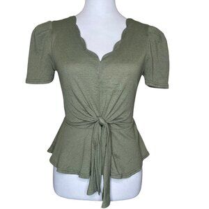 Scallop Neck Tie-Front Peplum Top - Olive Green